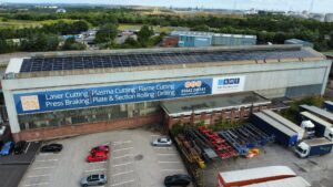 SM Thompson's 100-metre-long Middlesbrough steel processing facility with 234 JA Solar panels installed across the roof as part of its Net Zero renewable energy investment.